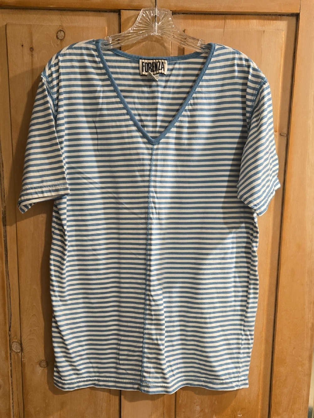 Forenza Light Teal and White Striped V-Neck Tee